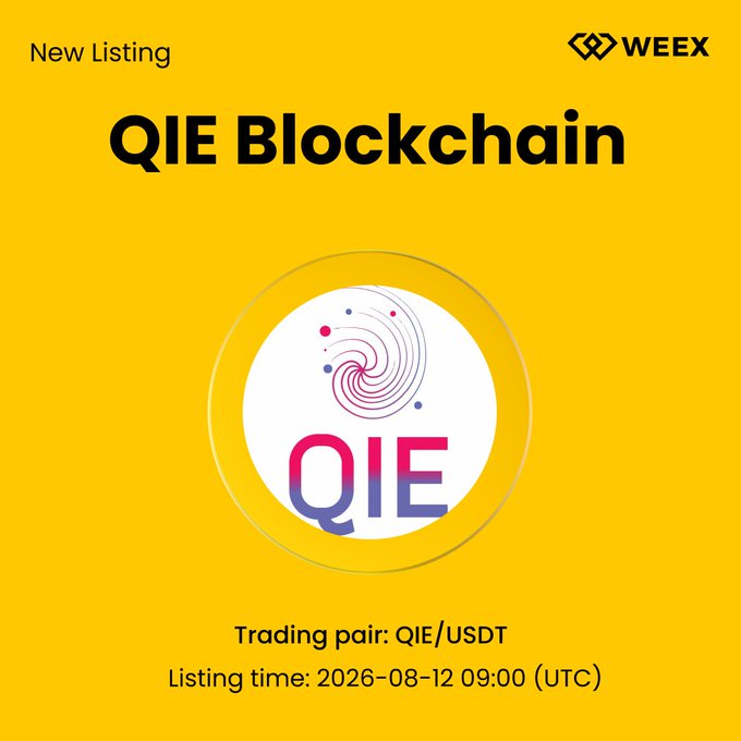 A yellow promotional graphic announcing a new listing on WEEX for QIE Blockchain, with a trading pair of QIE/USDT and a listing time of 2026-08-12 09:00 (UTC).
