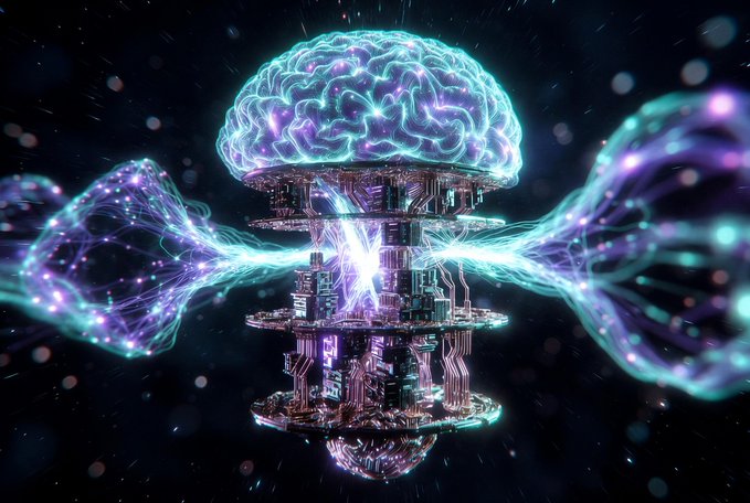 A digital artwork depicting a glowing neon brain atop a futuristic mechanical circuit board structure with a DNA double helix extending from both sides.