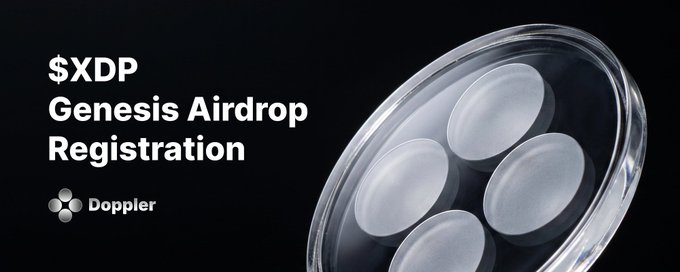 This image advertises "$XDP Genesis Airdrop Registration" by Doppler, promoting a calculator at doppler.menglayer.cc to estimate $XDP airdrop amounts. The visual itself subtly hints at the concept of "airdrops" through its design.