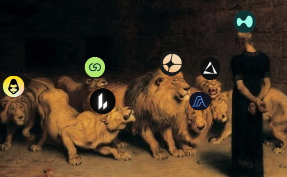 The image features a woman standing next to a group of lions, with each lion having a different colored headband on their heads. There are also several other objects scattered around the scene, including a keyboard, a book, and a cup. The background is dark and somewhat blurry, making it difficult to discern specific details about the setting or context.