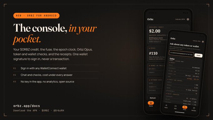 A promotional graphic for the Orbz app for Android, described as 'The console, in your pocket,' featuring smartphone mockups displaying cryptocurrency wallet interfaces, with the website orbz.app/docs listed at the bottom.
