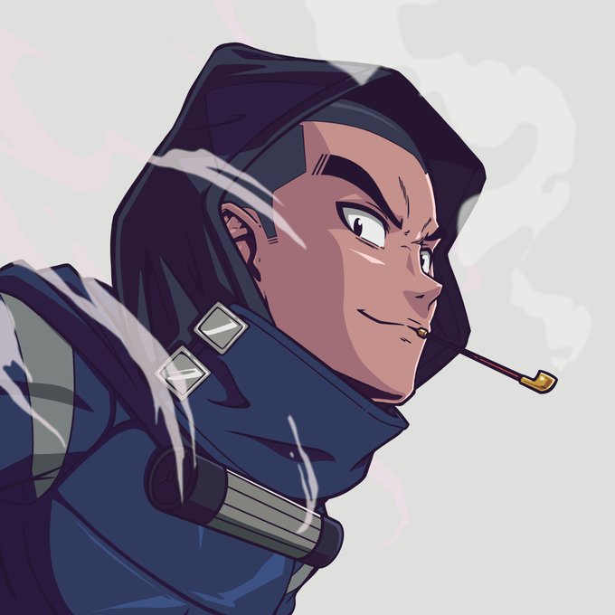 An animated illustration of a hooded character with a mischievous smirk, holding a smoking pipe, rendered in an anime style with wind-swept hair.