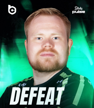 The image shows a young man with reddish-blonde hair and a beard, wearing a dark jersey, against a bright green background. The word "DEFEAT" is displayed in large bold white letters across the bottom, while "Stake Pulse" text appears in the top right corner, visually reinforcing the post's theme of BC Game's recent failures in multiple Counter-Strike open qualifiers.