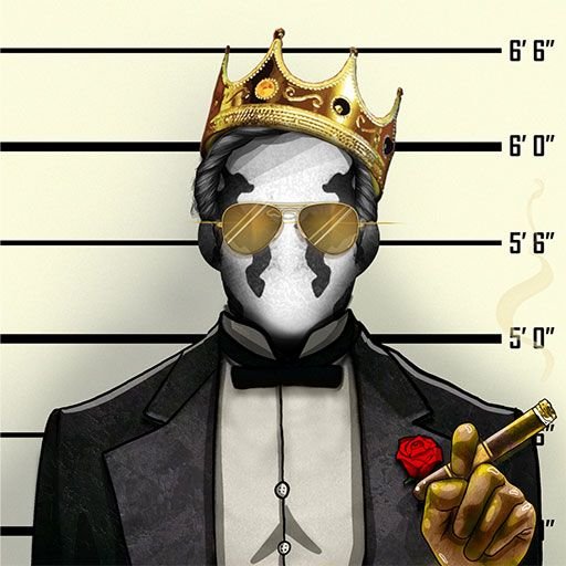 An illustration of a man in a police lineup mugshot wearing a gold crown, aviator sunglasses, and a suit, holding a cigar with a red rose.