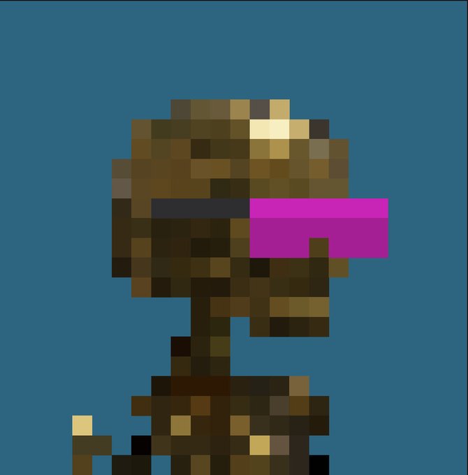 A pixel art character with a metallic/textured appearance wearing bright pink/magenta sunglasses against a teal blue background.