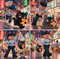 A four-panel image showing LEGO figures in a store aisle setting, featuring characters with detailed hair and outfits.