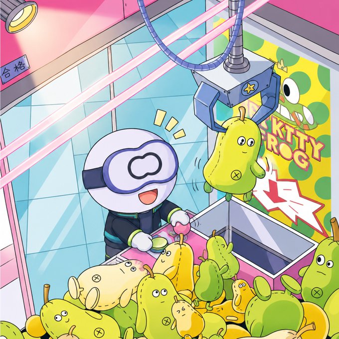 A colorful cartoon illustration featuring a character with goggles operating a machine that picks up a yellow pear-shaped character among a pile of similar characters.