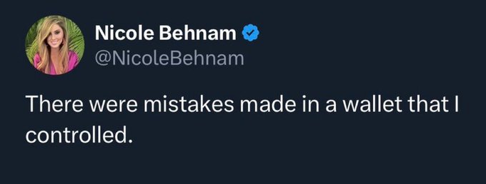 A tweet from verified user @NicoleBehnam reads "There were mistakes made in a wallet that I controlled," capturing a candid crypto Twitter exchange where she openly acknowledges errors in a wallet under her control—a classic moment of accountability often celebrated in the CT community.