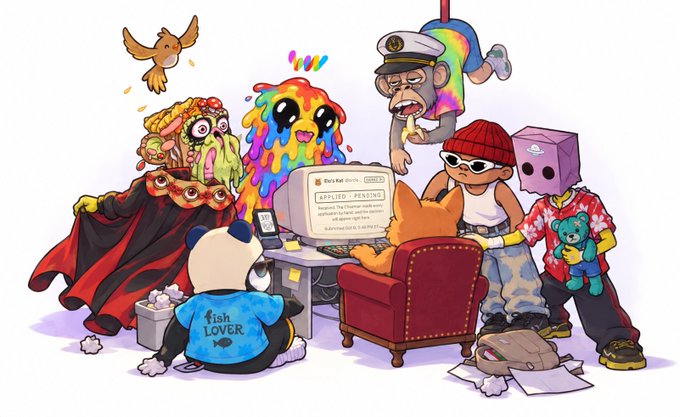 A colorful illustration shows various cartoon characters, including a captain and a panda with 'fish LOVER' on its shirt, gathered around a computer displaying 'APPLIED PENDING'.