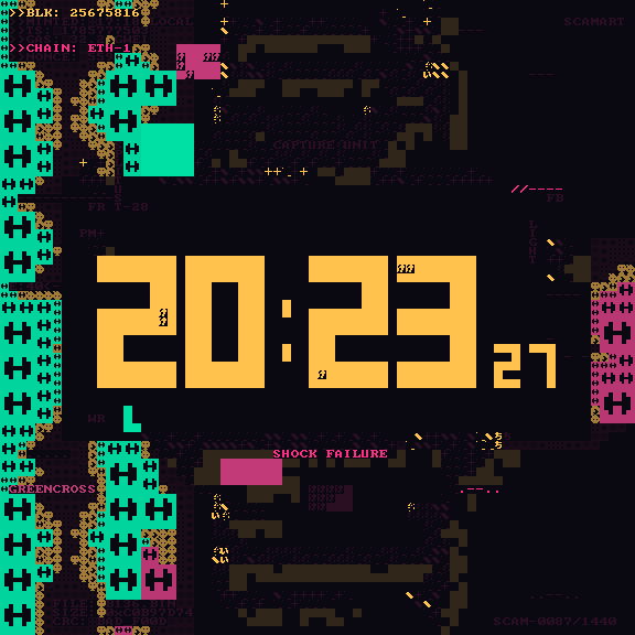 A retro pixel-art digital clock display showing 20:23 against a dark background with glitch effects, green pixel patterns, and small text overlays including 'SHOCK FAILURE' and 'CAPTURE UNIT'.