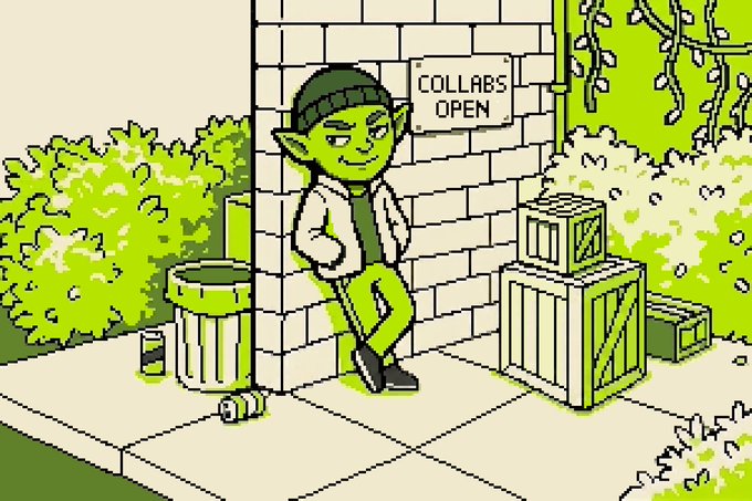 A pixel art illustration of a green goblin-like character wearing a beanie and lab coat leaning against a brick wall with a sign reading 'COLLABS OPEN'.
