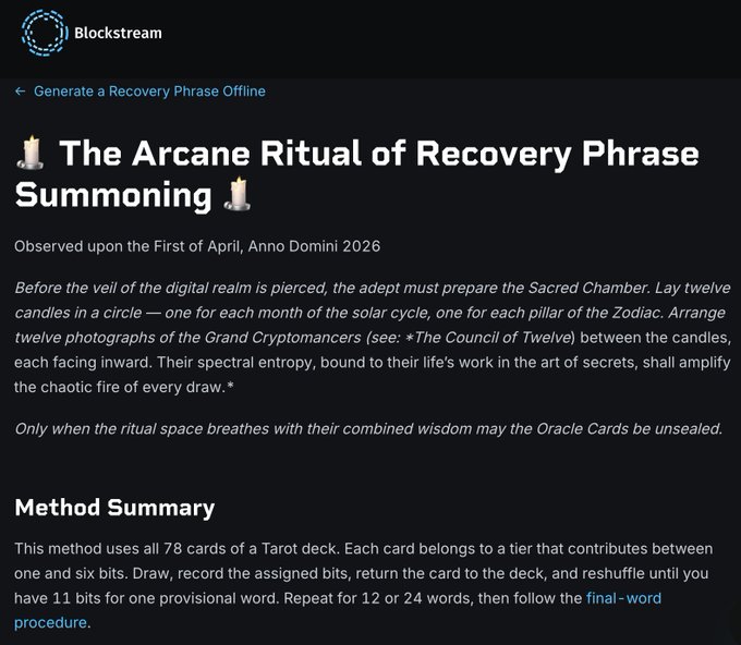 A Blockstream blog post titled 'The Arcane Ritual of Recovery Phrase Summoning' dated April 1, 2026, parodying tarot-based methods for generating offline recovery phrases.