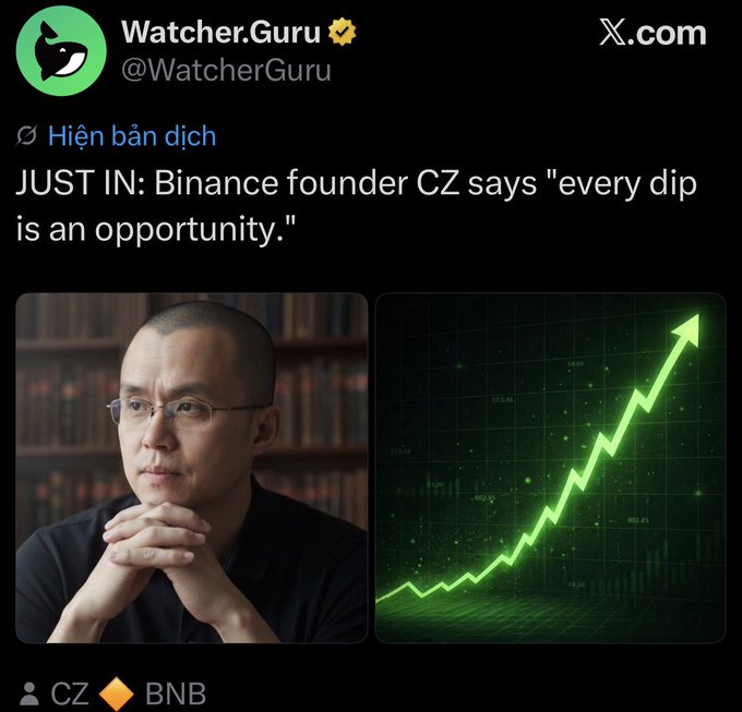 A tweet from Watcher.Guru (@WatcherGuru) quoting Binance founder CZ saying 'every dip is an opportunity,' featuring his photo alongside a green upward-trending chart graphic.