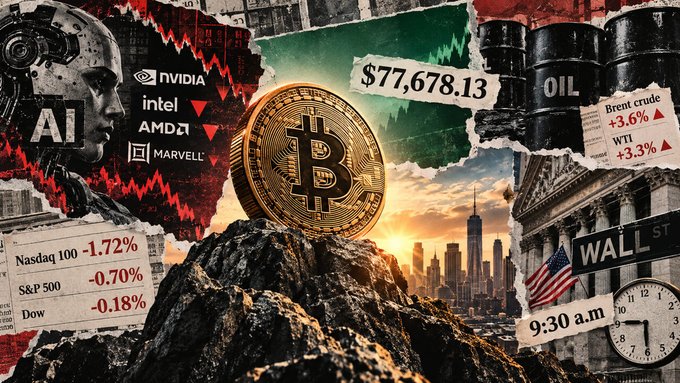 A collage-style financial graphic featuring a large gold Bitcoin, stock market tickers (Nasdaq 100 -1.72%, S&P 500 -0.70%, Dow -0.18%), AI tech logos (NVIDIA, Intel, AMD, Marvell), oil barrels labeled "Brent crude +3.6%" and "WTI +3.3%", and a Wall Street sign showing "9:30 a.m." with a clock and US flag.