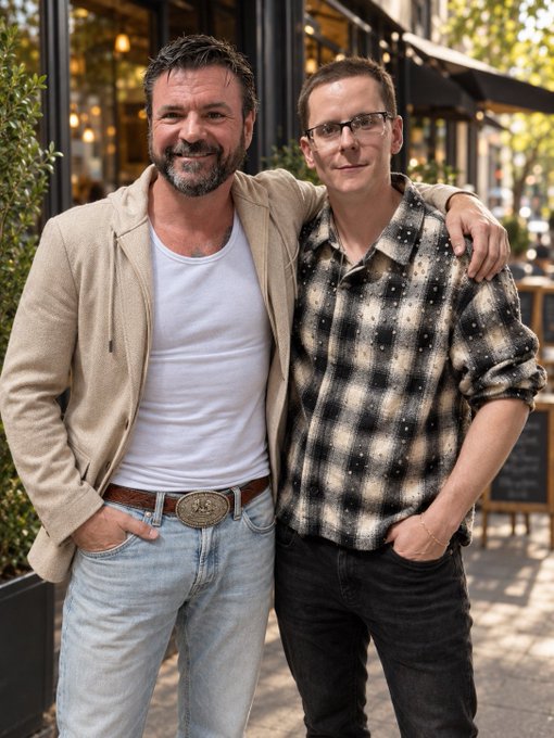 Two men pose together outdoors on a city street, with one wearing a cream blazer over a white tank top with a large belt buckle, and the other wearing a black and white plaid shirt and glasses.