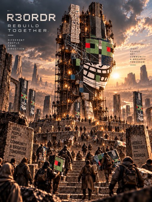A post-apocalyptic digital art poster titled 'R30RDR REBUILD TOGETHER' showing a destroyed cityscape with people gathered around a large tower featuring a smiling mask face, with slogans like 'IDEAS PEOPLE ART COMMUNITY A BRIGHTER TOMORROW'.