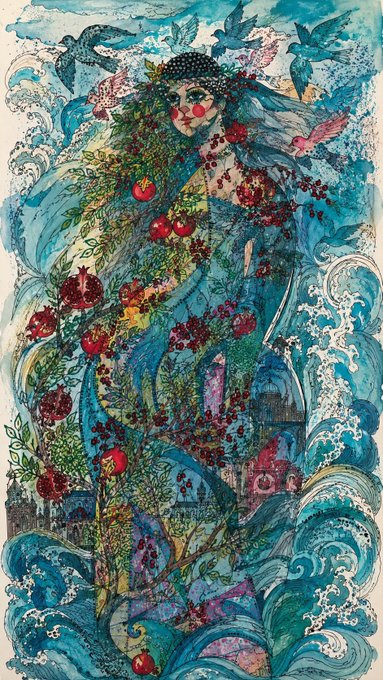 The image features a vibrant, ethereal illustration of a bride-like figure adorned with pomegranates, flowing into swirling blue waves and surrounded by birds, reflecting the artwork's title "The Bride of the Pomegranates" mentioned in the post. The colorful, mystical piece is being offered for 0.21 ETH by Transient Labs as highlighted in the accompanying text.