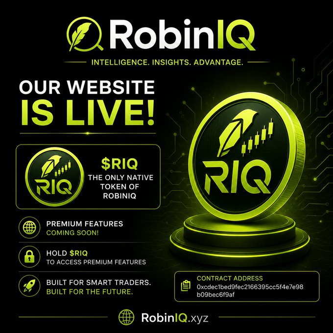A promotional graphic for RobinIQ announcing "Our Website Is Live!" featuring the tagline "Intelligence. Insights. Advantage." It showcases a large 3D golden $RIQ coin alongside key details including the contract address (0xcdec1bed9fec2166395cc5f4e7e98b09bec6f9af) and the website RobinIQ.xyz, promoting $RIQ as "the only native token of RobinIQ" with premium features coming soon for holders.