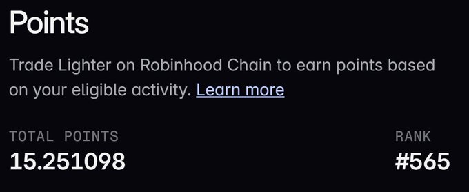 A Robinhood Chain points dashboard showing TOTAL POINTS of 15.251098 and RANK #565, with instructions to trade Lighter on Robinhood Chain to earn points.