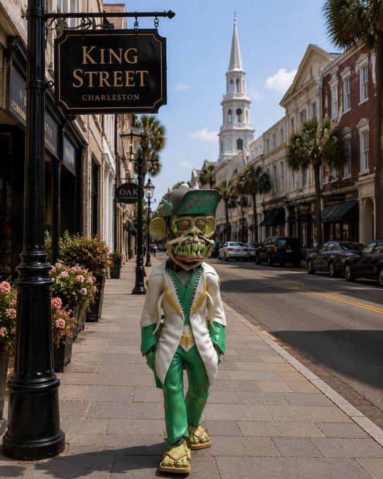 A figure in a green and white outfit wearing a Rat Fink-style mask and top hat stands on a sidewalk in front of a "King Street, Charleston" sign, with a historic church steeple in the background.