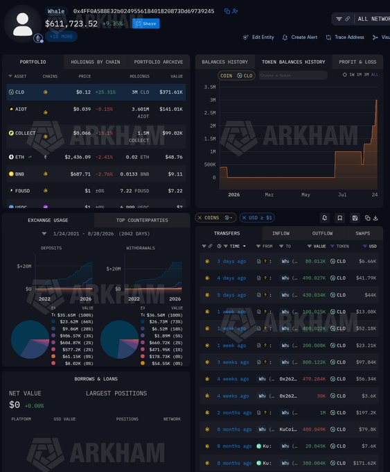 A screenshot of the Arkham Intelligence blockchain analytics dashboard showing a portfolio titled "Whale" with address 0x4FFDA58BE32b024955618401820873D69739245, displaying holdings in CLO, AIOT, COLLECT, ETH, BNB, and FOUSD with a total balance of $611,723.52.