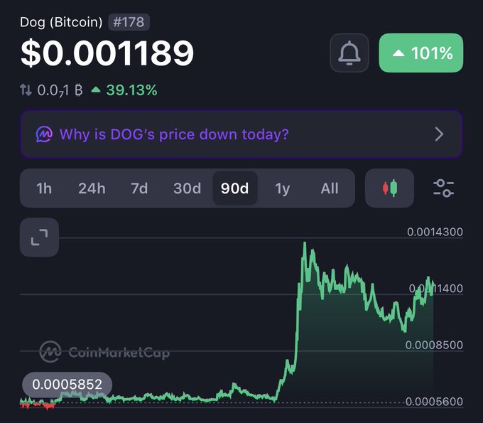A CoinMarketCap screenshot showing Dog (Bitcoin) (DOG) ranked #178 at a price of $0.001189, up 101% and 39.13%, with a 90-day price chart displaying a sharp spike followed by volatile trading around $0.001.