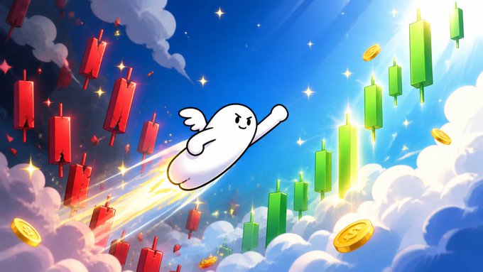 A cartoon illustration depicts a white ghost-like character flying through the sky, leaving a trail of fire as it soars from red downward-trending stock candles toward green upward-trending stock candles and gold coins, symbolizing bullish market momentum.