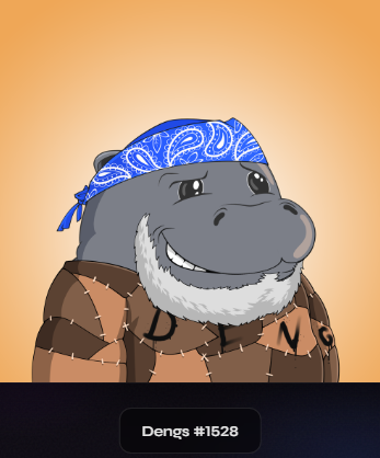 A cartoon image of a smiling hippopotamus wearing a blue bandana and a stitched brown jacket, labeled "Dengs #1628" at the bottom.