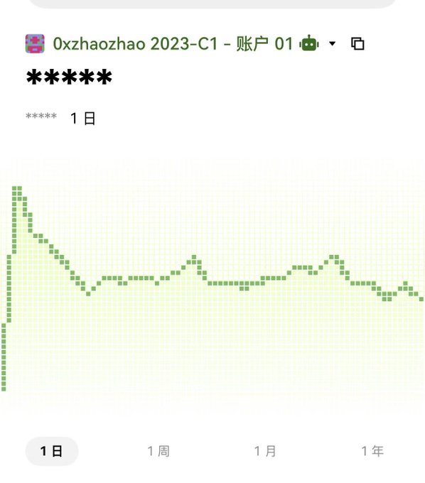 A performance chart for account '0xzhaozhao 2023-C1 - 账户 01' showing a downward trend over a 1-day period with asterisks masking a value.