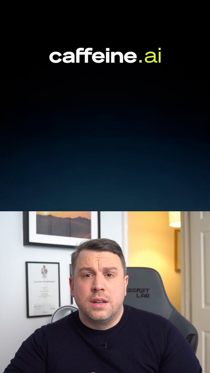 The image shows a man sitting in front of a computer screen with a caption that reads "You can now connect Claude, ChatGPT, Cursor, Perplexity or Codex directly to Caffeine through the new MCP server". The man is wearing a black shirt and appears to be engaged in an online meeting.