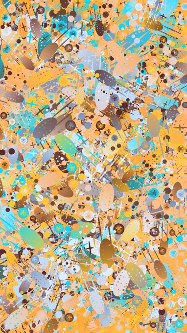 An abstract digital artwork featuring a chaotic mix of geometric shapes, crosses, dots, and splatters in warm yellow, orange, and cool cyan tones.