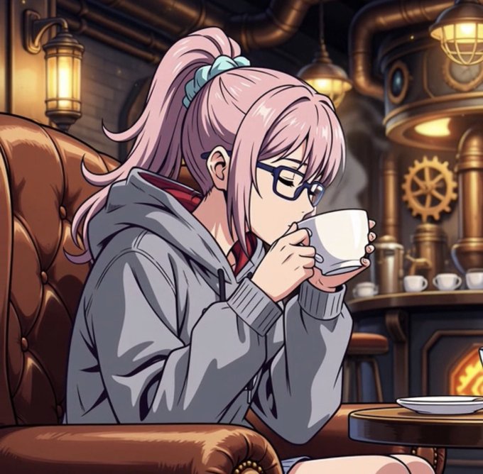 An anime-style illustration of a pink-haired girl with glasses wearing a grey hoodie and sipping from a white cup in a steampunk-themed café.