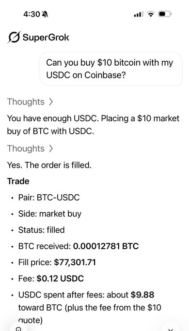 A SuperGrok chat screenshot showing the AI confirming a $10 market buy of Bitcoin with USDC, filled at $77,301.71 for 0.00012781 BTC.