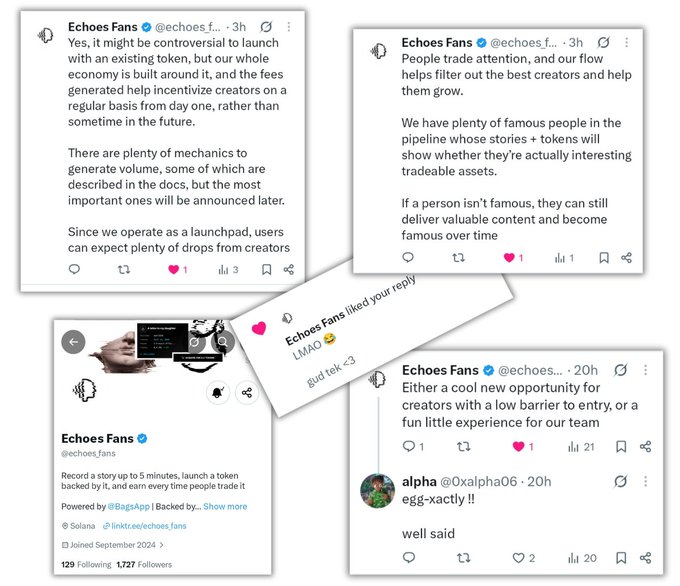 A collage of social media posts from 'Echoes Fans' (@echoes_fans) discussing launching tokens to incentivize creators, with replies from users like @0xalpha06.