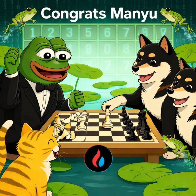 A cartoon congratulatory illustration reading 'Congrats Manyu' featuring Pepe the Frog in a tuxedo playing chess against two Shiba Inu dogs, with an orange cat watching, frogs, lily pads, and a background of numbers and binary code.