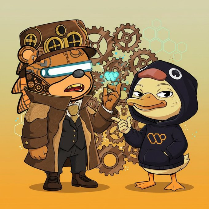 A steampunk-style illustration featuring a bear character wearing a top hat, goggles, and Victorian attire standing next to a duck in a black hoodie, with gears and honeycomb patterns in the background.