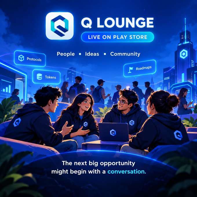 An advertisement for 'Q LOUNGE - LIVE ON PLAY STORE' featuring illustrated figures sitting around a laptop in a futuristic cityscape, with text reading 'People • Ideas • Community' and 'The next big opportunity might begin with a conversation.'
