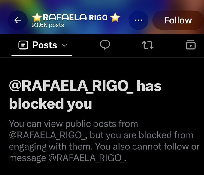 The image displays a Threads profile page showing that the user @RAFAELA_RIGO_ (with 93.6K posts) has blocked the viewer, with a message stating they cannot engage with or message the account. This serves as humorous "proof" in the post that the blockchain check (likely referencing the $TEL token) was accurate, since getting blocked suggests the call hit a nerve.