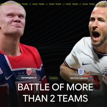 Promotional graphic for a Razin Trade football match between Norway and British Airways, featuring two players and text reading 'BATTLE OF MORE THAN 2 TEAMS' and 'TO MATCH'.