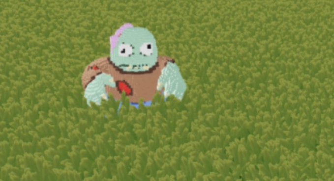 A pixel art animation of a green-skinned zombie-like character with a pink brain patch standing in a field of green grass.