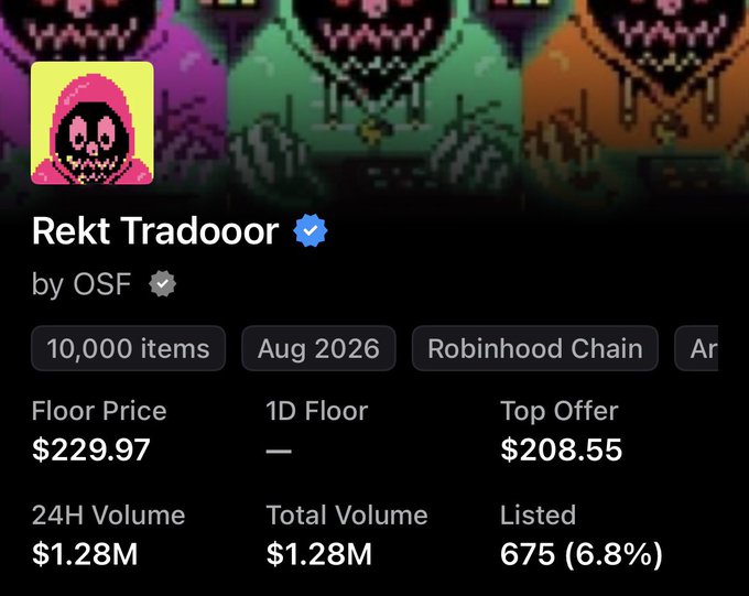 An NFT collection page showing 'Rekt Tradooor' by OSF, with 10,000 items on Robinhood Chain, floor price $229.97, top offer $208.55, and 24H volume of $1.28M.