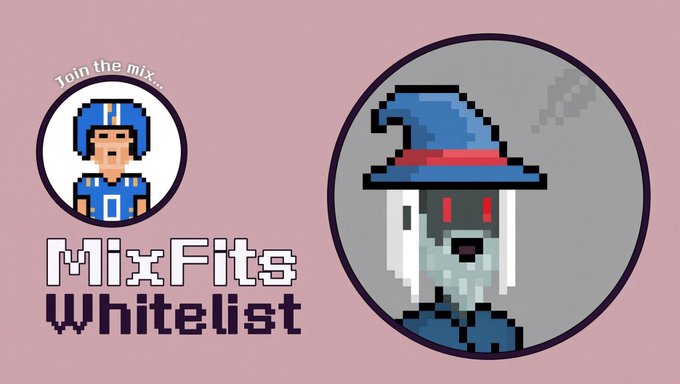 'MixFits Whitelist' promotional graphic with pixel art characters - a blue-helmeted football player mascot on the left and a wizard character with a blue hat on the right, with text 'Join the mix...'.