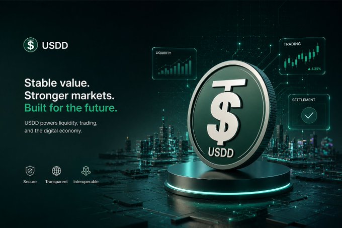 A promotional graphic for USDD cryptocurrency with the tagline 'Stable value. Stronger markets. Built for the future.' and descriptions 'Secure', 'Transparent', 'Interoperable'.