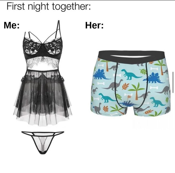 A humorous meme titled 'First night together:' contrasting 'Me:' showing a black lacy lingerie nightgown with a thong, versus 'Her:' showing men's boxer briefs with a colorful dinosaur pattern in teal.