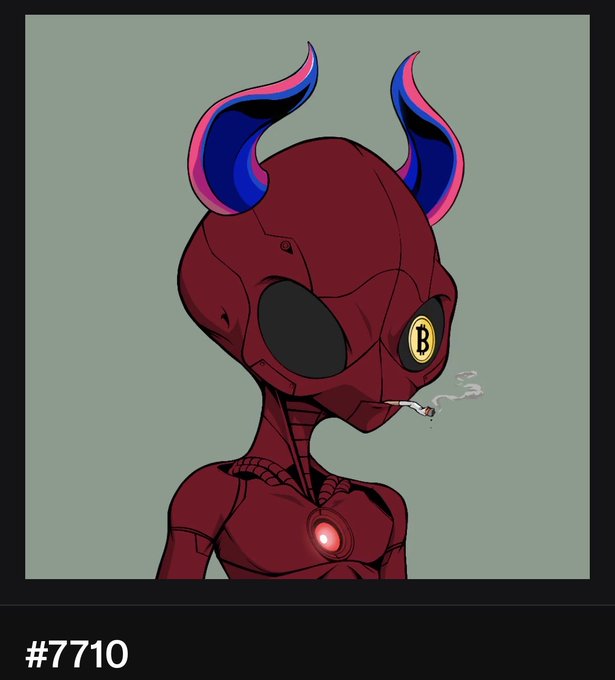 An illustration labeled '#7710' depicts a red robotic figure with blue and pink flame-like horns smoking a cigarette, with a 'B' symbol on one eye.