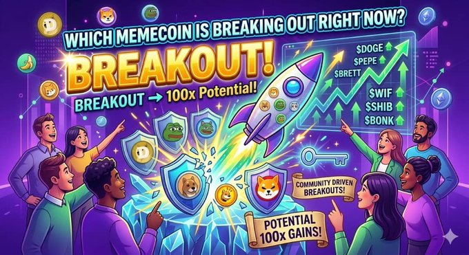 A vibrant promotional graphic asking 'WHICH MEMECOIN IS BREAKING OUT RIGHT NOW?' highlighting 'BREAKOUT! BREAKOUT → 100x Potential!' with various tickers like DOGE, PEPE, BRETT, WIF, SHIB, and BONK.