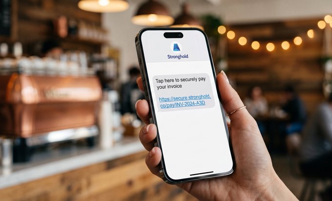 The image shows a person holding up their phone, which displays an app called "Pay Here", presumably for Venmo or similar payment apps. The text on the screen reads "Tap here if you want to learn more about your Invoice". This suggests that the person is using their phone to access information related to their financial transactions and payments.

In the background of the image, there are two people sitting at a table in what appears to be a restaurant or cafe setting. The presence of these individuals adds context to the scene and highlights the social aspect of sharing experiences through technology.