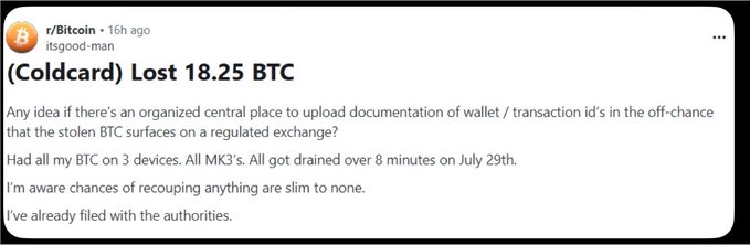 A screenshot of a Reddit post from r/Bitcoin by user 'itsgood-man' titled '(Coldcard) Lost 18.25 BTC', describing the loss of Bitcoin stored on MK3 Coldcard devices over 8 minutes on July 29th.