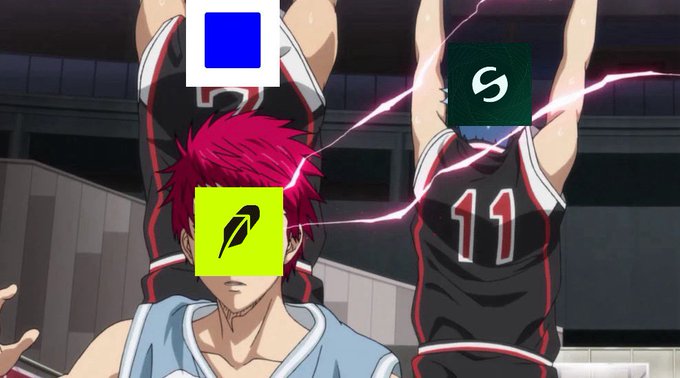 An anime scene from Kuroko's Basketball featuring red-haired Akashi Seijūrou in the foreground with basketball players wearing jerseys #9 and #11 behind him, overlaid with three cryptocurrency logos.