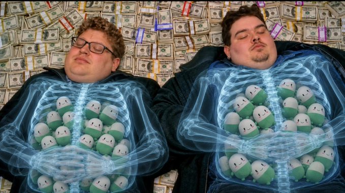A meme showing two men lying on stacks of cash with X-ray overlays revealing their lungs filled with sad-face emoji pills, humorously suggesting wealth cannot compensate for poor health choices.